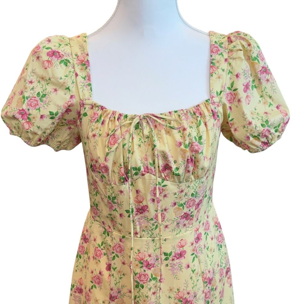 Rosie Posie Floral Cottagecore Midi Dress S Yellow Coquette Milkmaid Bridgerton - Picture 3 of 14